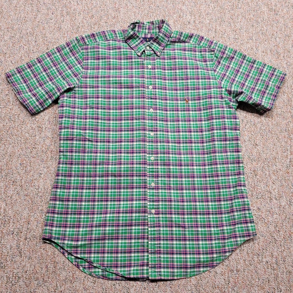 Ralph Lauren Plaid Shirt Mens Large Tall Green Purple Short Sleeve Button Down